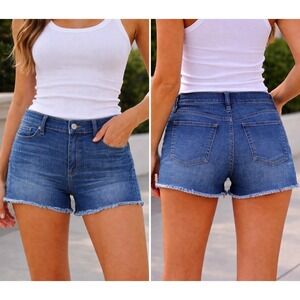 J Crew Denim Cut Off Shorts Indigo Medium Wash Raw Hem Stretch Sz 32 Mid Rise